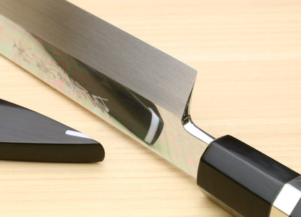 Yoshihiro Mizu Honyaki Mirror-Finished Namiukashi White Steel #2 Yanagi Sushi Sashimi Japanese Knife Triple Nickel Silver Ring Ebony Handle and Premium Ebony Saya