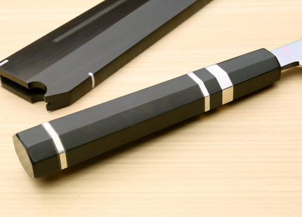 Yoshihiro Mizu Honyaki Mirror-Finished Namiukashi White Steel #2 Yanagi Sushi Sashimi Japanese Knife Triple Nickel Silver Ring Ebony Handle and Premium Ebony Saya