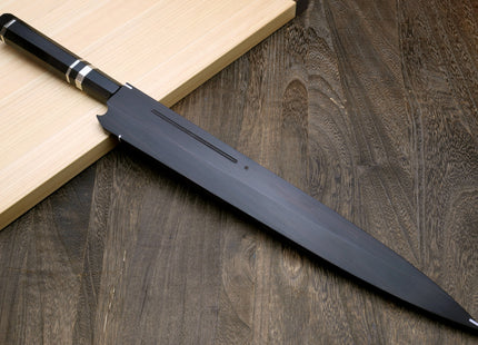 Yoshihiro Mizu Honyaki Mirror-Finished Namiukashi White Steel #2 Yanagi Sushi Sashimi Japanese Knife Triple Nickel Silver Ring Ebony Handle and Premium Ebony Saya