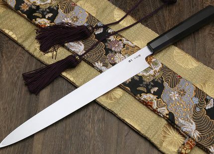 Yoshihiro Mizu Honyaki White Steel #1 Mirror-Finished Namiukashi Yanagi Ebony Handle