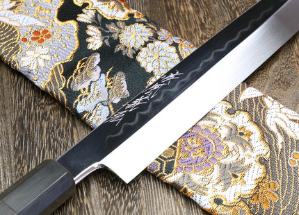 Yoshihiro Mizu Honyaki White Steel #1 Mirror-Finished Namiukashi Yanagi Ebony Handle