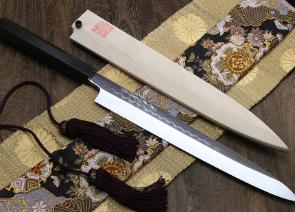 Yoshihiro Mizu Honyaki White Steel #1 Mirror-Finished Namiukashi Yanagi Ebony Handle