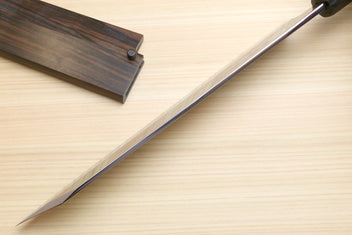 Japanese kitchen knife with long white-steel blade and dark handle
