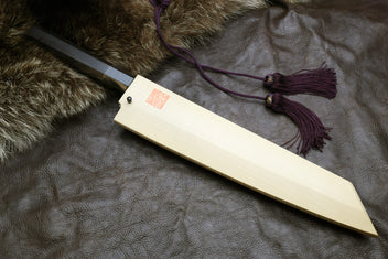 Kiritsuke knife with light wooden saya and mirror-polished steel blade