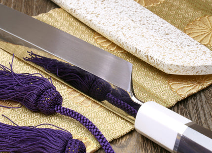 Yoshihiro Mizu Honyaki White Steel Mirror Finished Namiukashi Sakimaru Takobiki Sushi Sashimi Japanese Knife with Double Nickel Silver Ring Corian Ebony Handle