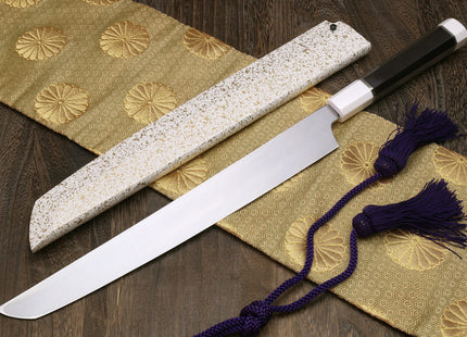 Yoshihiro Mizu Honyaki White Steel Mirror Finished Namiukashi Sakimaru Takobiki Sushi Sashimi Japanese Knife with Double Nickel Silver Ring Corian Ebony Handle
