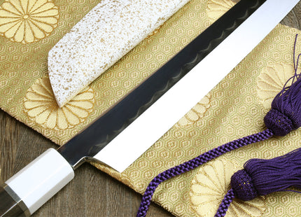 Yoshihiro Mizu Honyaki White Steel Mirror Finished Namiukashi Sakimaru Takobiki Sushi Sashimi Japanese Knife with Double Nickel Silver Ring Corian Ebony Handle