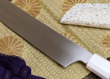 Yoshihiro Mizu Honyaki White Steel Mirror Finished Namiukashi Sakimaru Takobiki Sushi Sashimi Japanese Knife with Double Nickel Silver Ring Corian Ebony Handle