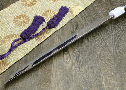 Yoshihiro Mizu Honyaki White Steel Mirror Finished Namiukashi Sakimaru Takobiki Sushi Sashimi Japanese Knife with Double Nickel Silver Ring Corian Ebony Handle