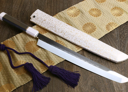 Yoshihiro Mizu Honyaki White Steel Mirror Finished Namiukashi Sakimaru Takobiki Sushi Sashimi Japanese Knife with Double Nickel Silver Ring Corian Ebony Handle