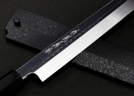 Yoshihiro Mizu Honyaki White Steel Mirror-Finished Namiukashi Yanagi Kiritsuke Ebony Handle