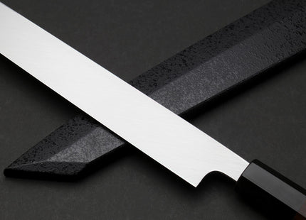 Yoshihiro Mizu Honyaki White Steel Mirror-Finished Namiukashi Yanagi Kiritsuke Ebony Handle