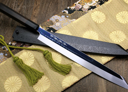 Yoshihiro Mizu Honyaki White Steel Mirror-Finished Namiukashi Yanagi Kiritsuke with Premium Ebony Handle