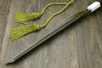 Japanese sushi knife with white blade and dark handle, shown with green cord