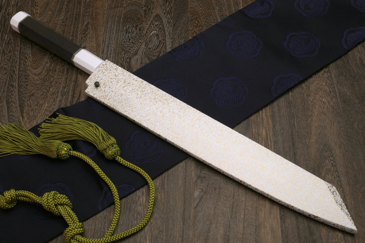 Japanese sushi knife with white steel blade, speckled saya and dark handle