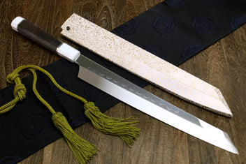 Japanese sushi knife set with white steel blade, speckled saya and green cord ties