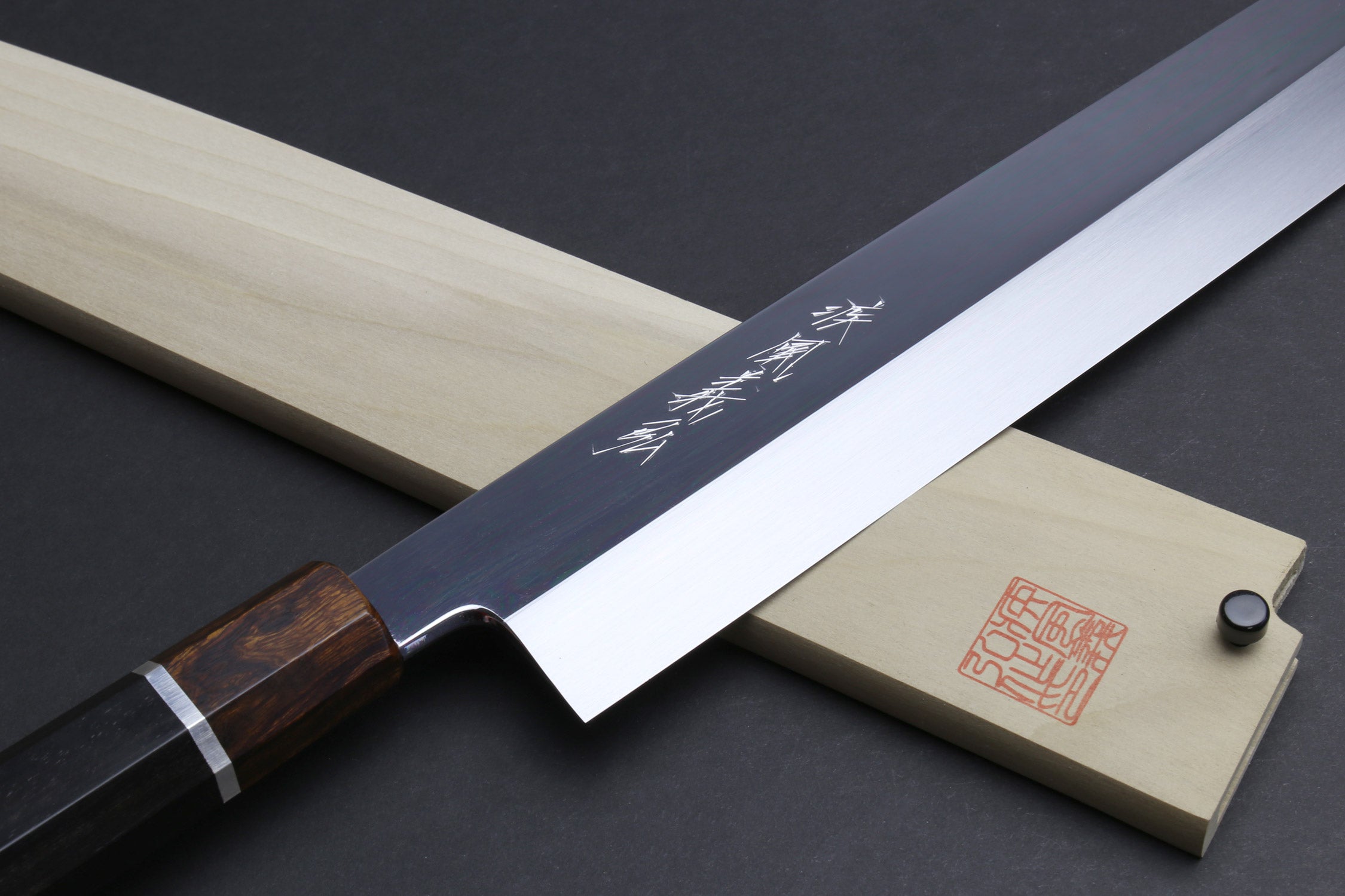 Yoshihiro Mizu Yaki Honyaki Aoko Blue Steel Mirror Finished Kiritsuke Japanese Multipurpose Knife Ebony Handle and Silver Ring