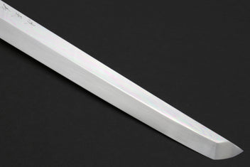 Close-up of Sakimaru sushi knife blade tip and mirror finish