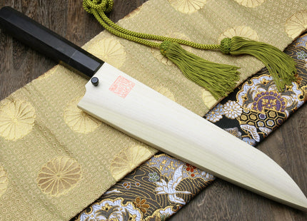 Yoshihiro Mizu Yaki White Steel #1 Honyaki Mirror-Finished Mt. Fuji with Crescent Moon Gyuto Chefs Knife with Ebony Handle