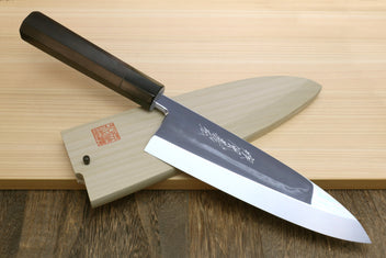 Japanese chef knife with mirror-finished silver blade and black handle, with wooden saya