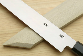 Yanagi-kiritsuke knife with engraved silver blade and dark rosewood handle