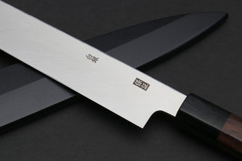 Sashimi yanagi knife with etched stainless blade and rosewood handle
