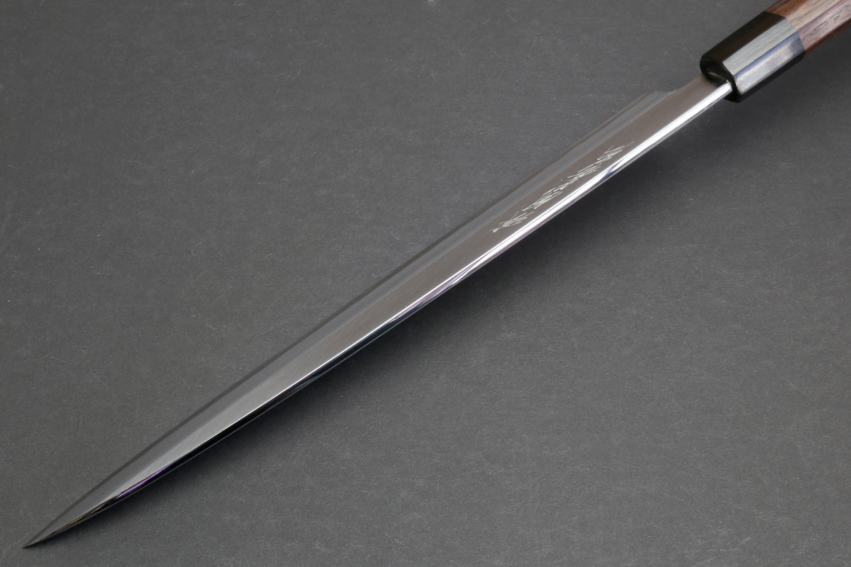Yanagi sushi knife with rosewood handle and tapered stainless blade tip