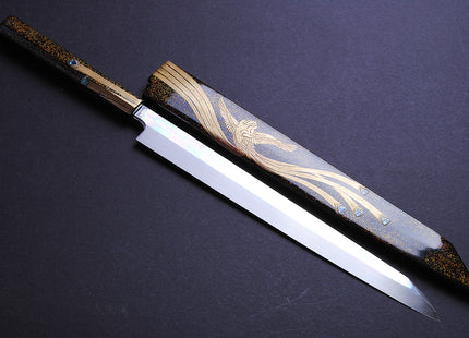 Yoshihiro Mizuyaki Honyaki Mirror Finished Mt.Fuji with Full Moon Yanagi Kiritsuke 24k Gold Phoenix Maki-Urushi Lacquered Rosewood Handle and Saya