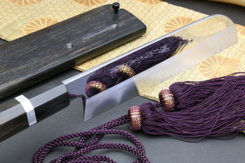 Mirror-finished steel Usuba knife with ebony octagonal handle and silver double bolster