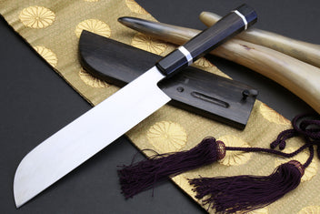 Chef knife with mirror white steel blade, dark ebony octagonal handle, dark saya