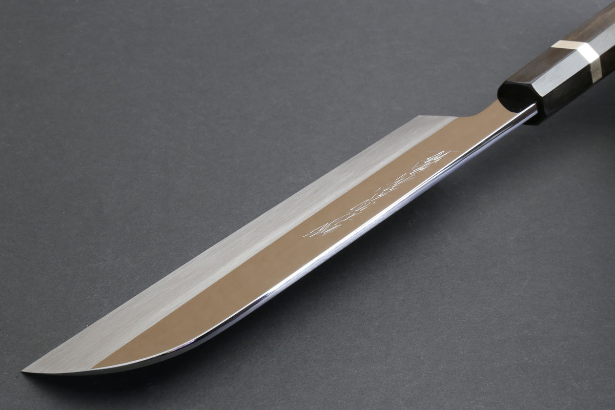 Mirror-finished white steel chef knife with dark octagonal handle