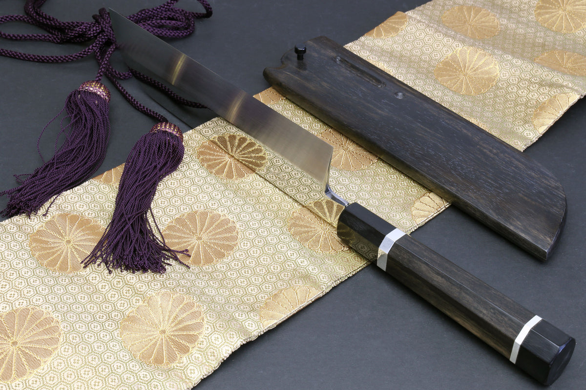 Kitchen knife with mirror white steel blade, dark ebony saya, purple cord tassels