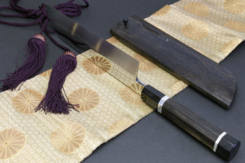 Kitchen knife with mirror white steel blade, dark ebony saya, purple cord tassels