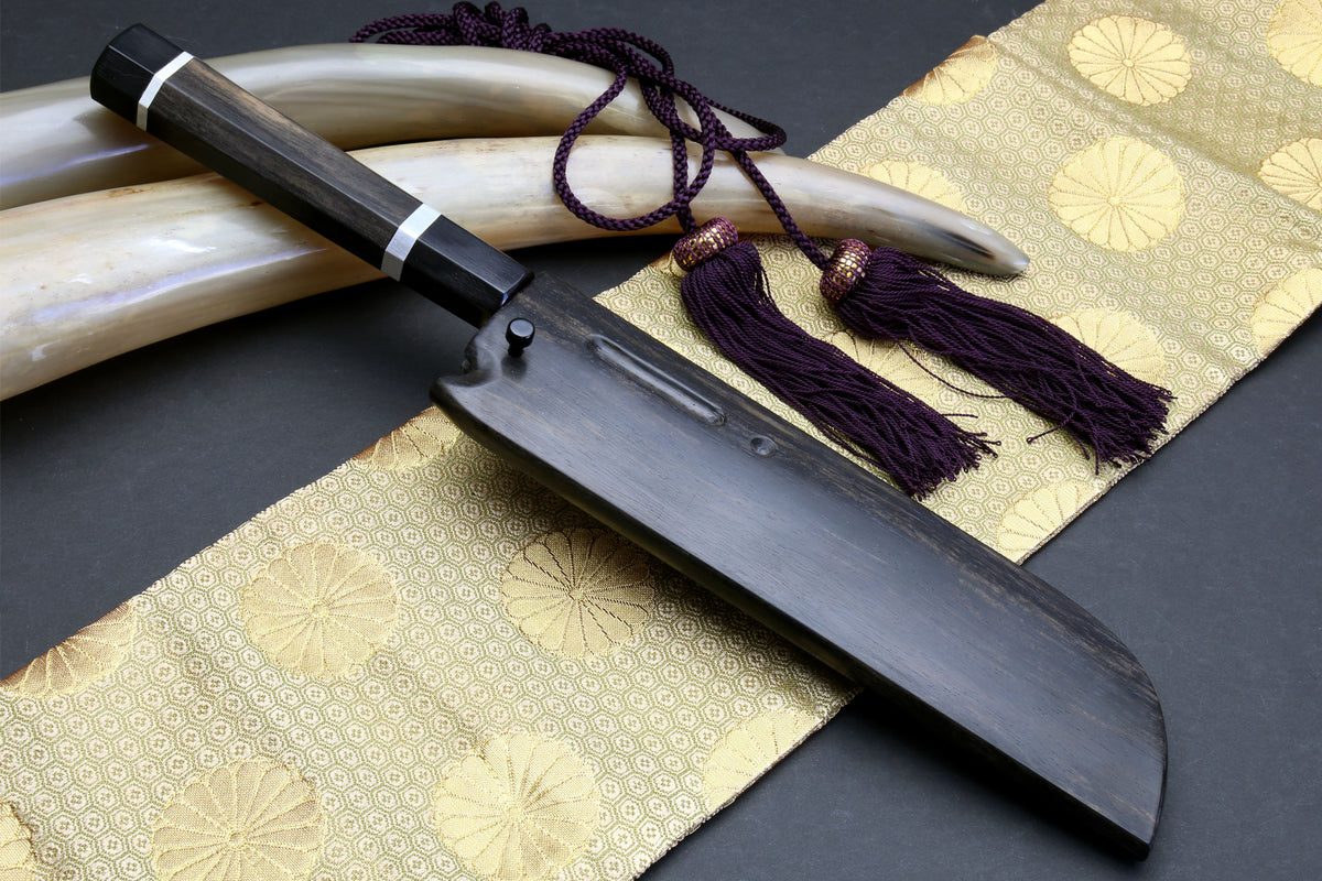 Chef knife with mirror white steel blade, dark ebony saya and purple cord tassels