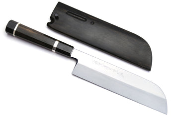 Chef knife with mirror-finished white steel blade and dark ebony saya