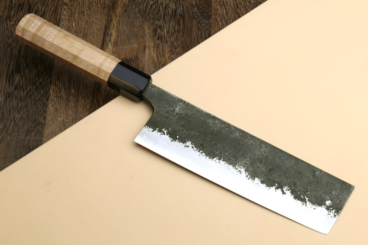 Nakiri vegetable knife with dark steel blade, black bolster, camphor wood handle