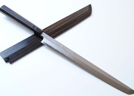 Yoshihiro Suminagashi Blue Steel #1 Sakimaru Takobiki Sushi Sashimi Slicing Japanese Chef Knife Ebony wood Handle