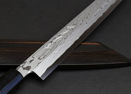 Yoshihiro Suminagashi Blue Steel #1 Yanagi Kiritsuke Sushi Sashimi Japanese Knife Ebony Handle with Ebony Saya