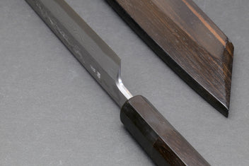 Japanese yanagi sushi knife with damascus-pattern blade and ebony handle