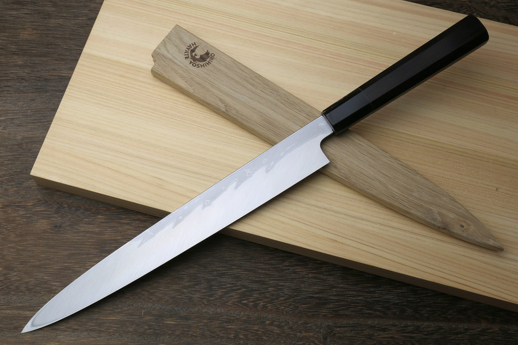 Yoshihiro Suminagashi Blue Steel #1 Yanagi Sushi Sashimi Japanese Knife Ebony Handle