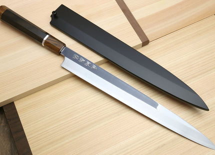 Yoshihiro SVG-10 Semi-Stainless Steel Mirror Finished Yanagi Sushi Sashimi Japanese Knife Ebony Handle with Sterling Silver Ring