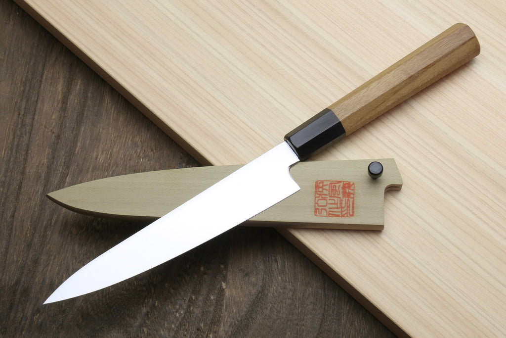 Yoshihiro VG-1 Gold Stainless Steel Petty Japanese Utility Knife Ambrosia Handle with Saya Cover