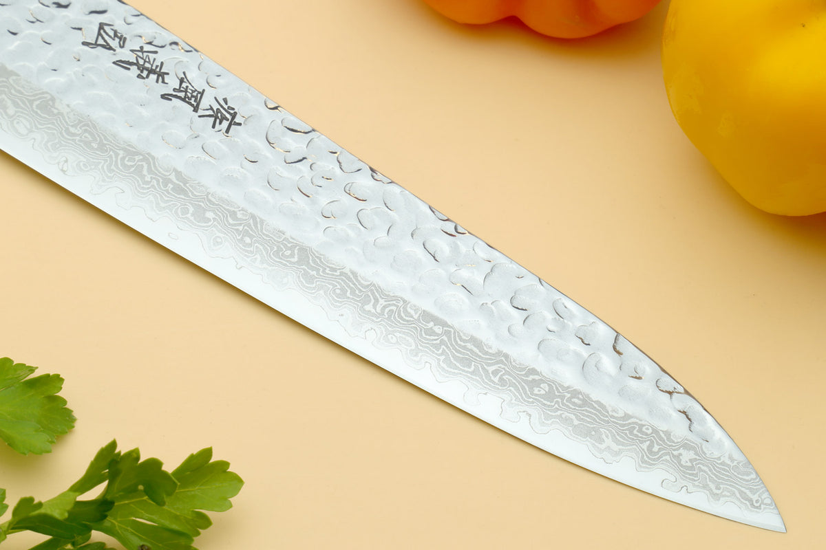 Damascus stainless petty knife blade with hammered pattern and engraved markings