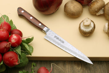 Damascus stainless gyuto and petty knives with dark red handles