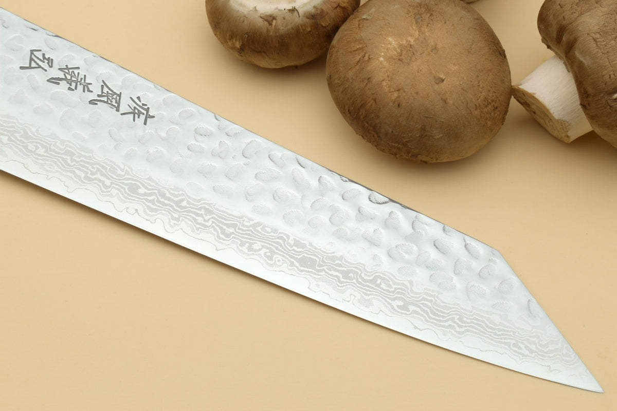 Kiritsuke knife showing hammered Damascus blade with engraved characters