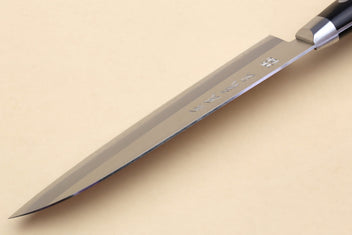 Santoku chef knife with silver blade etched markings and dark handle
